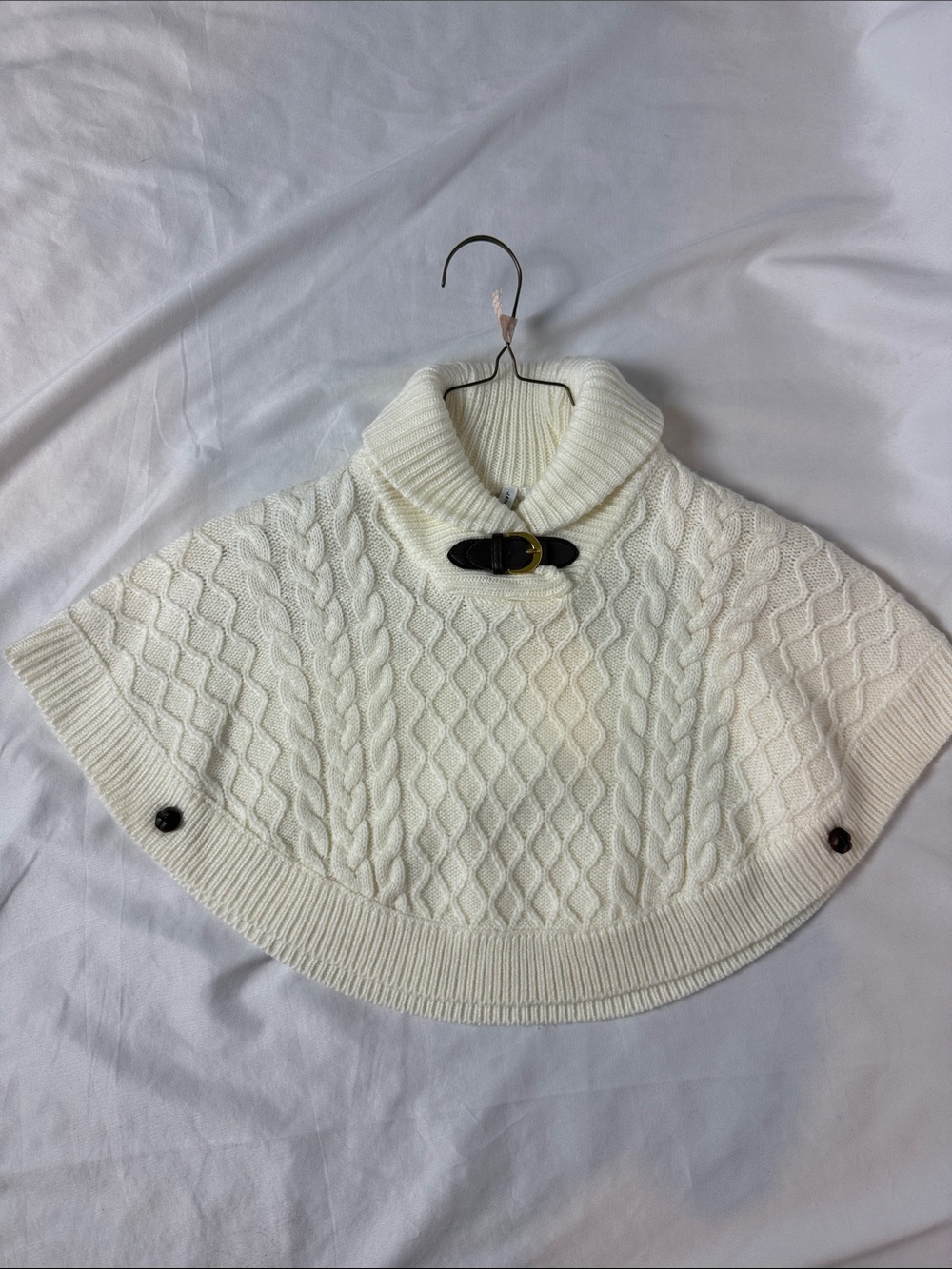Janie and Jack Cream Cable Knit Poncho with Black Buckle Detail